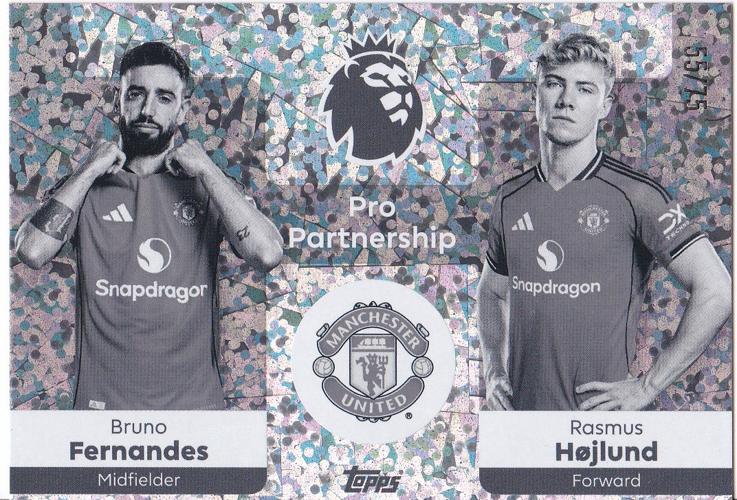 Bruno Fernandes & Rasmus Højlund Manchester United Pro Partnership #55/75 Limited Edition Topps Silver Trading Card – Dual Player Numbered Collectible